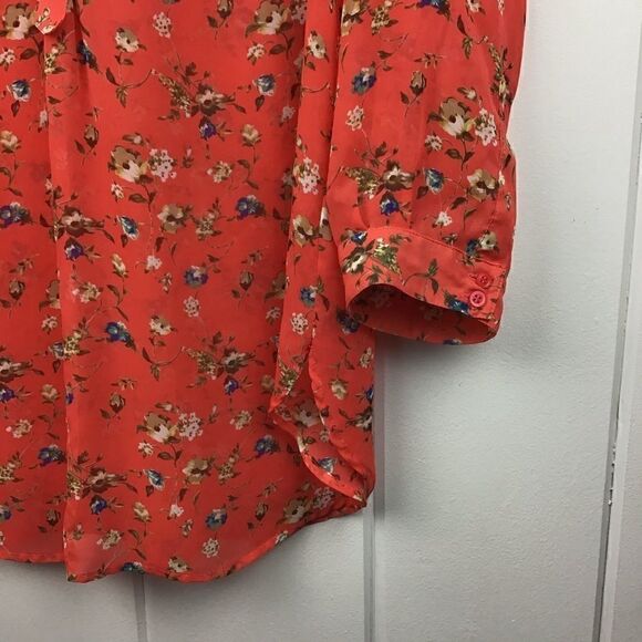 Pleione Orange Top Floral 3/4 Sleeve Blouse, Blue Flower, Size Small - Picture 2 of 8